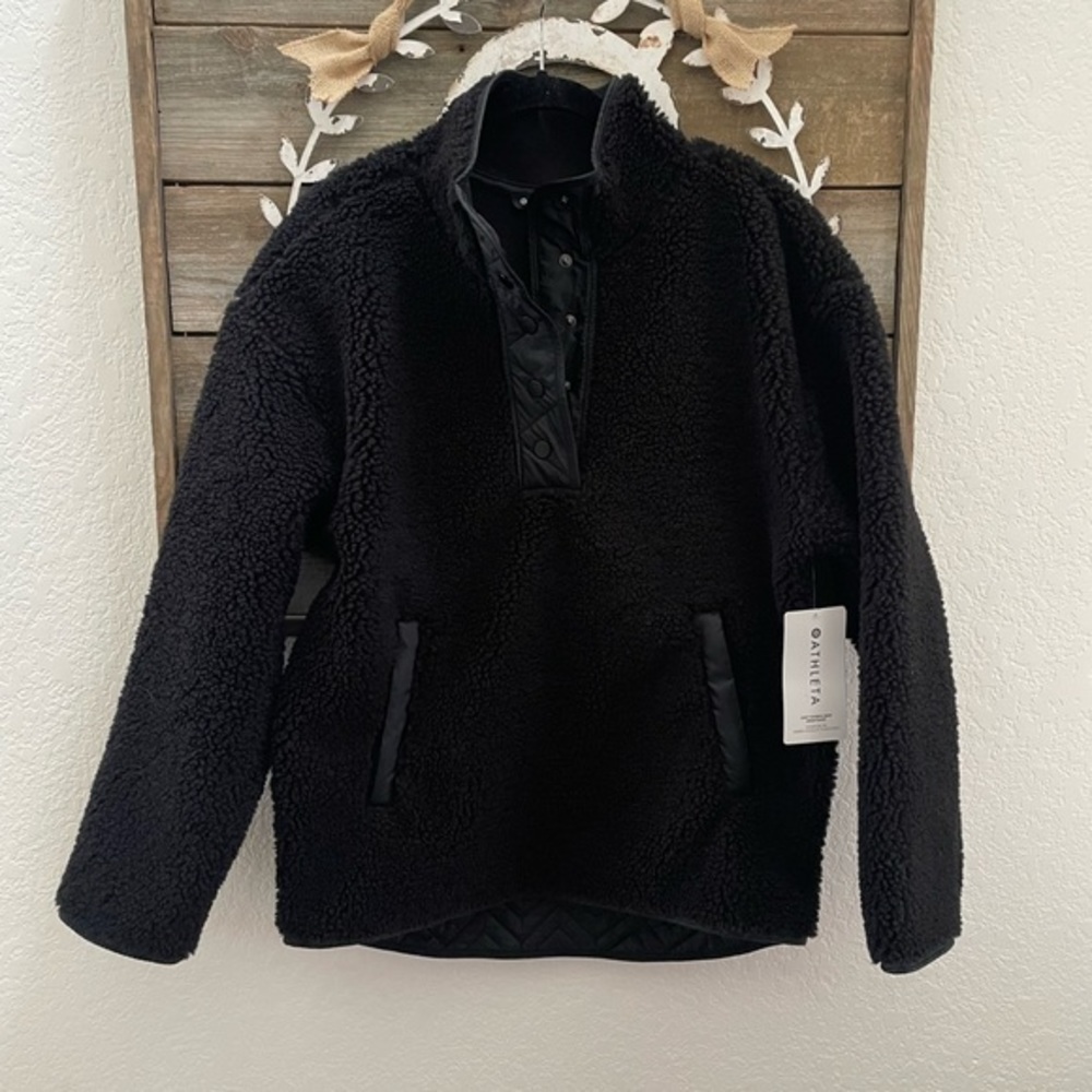 Athleta cozy sherpa quarter snap sweatshirt black ladies M NWT